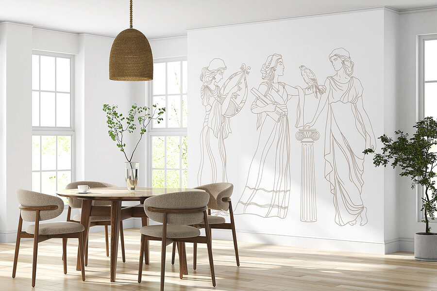 Line drawing of women in long dresses