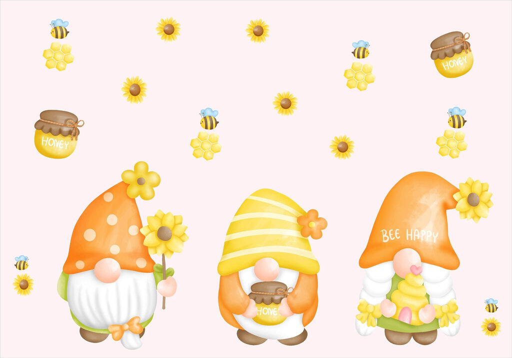 Group of gnomes with flowers and bees Group of gnomes with flowers and bees