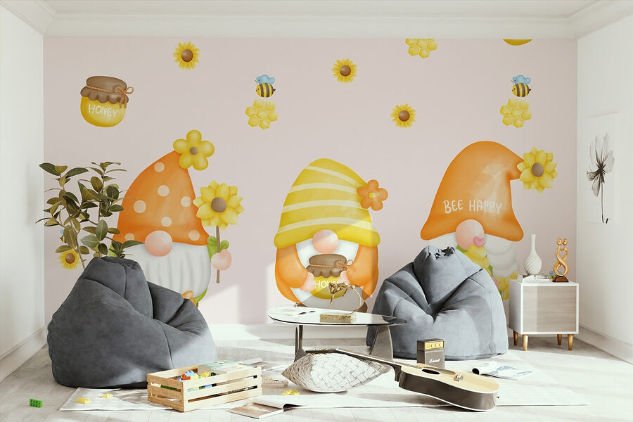 Group of gnomes with flowers and bees