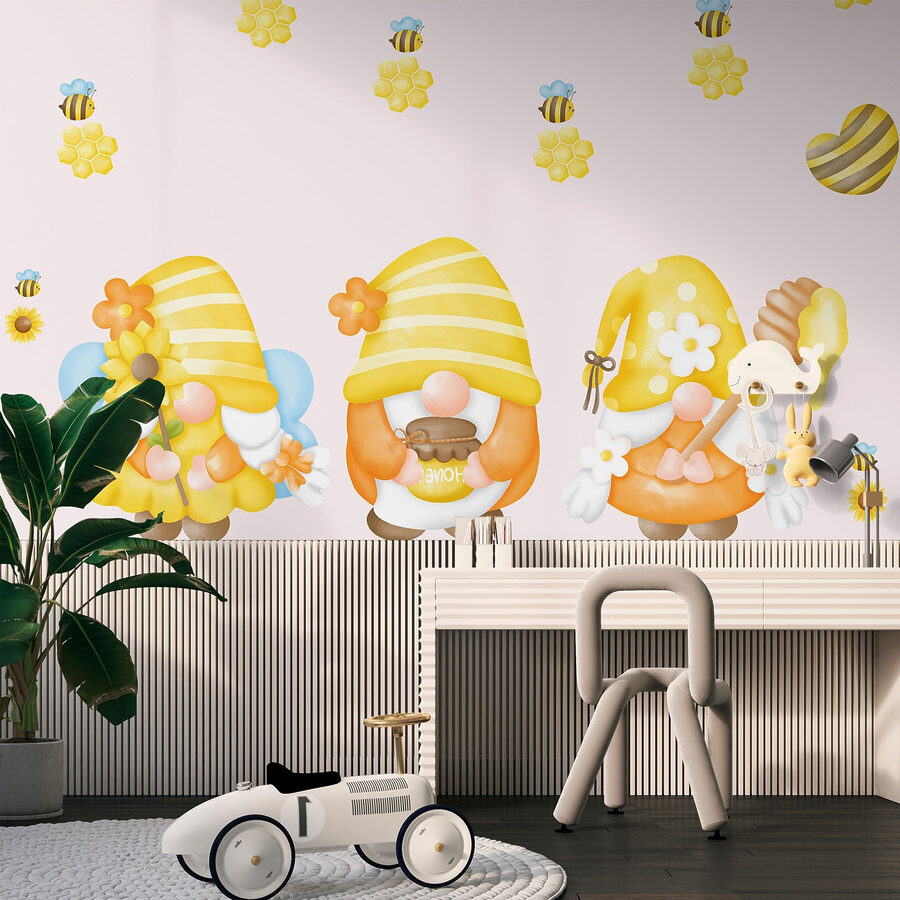 Group of gnomes with flowers and bees