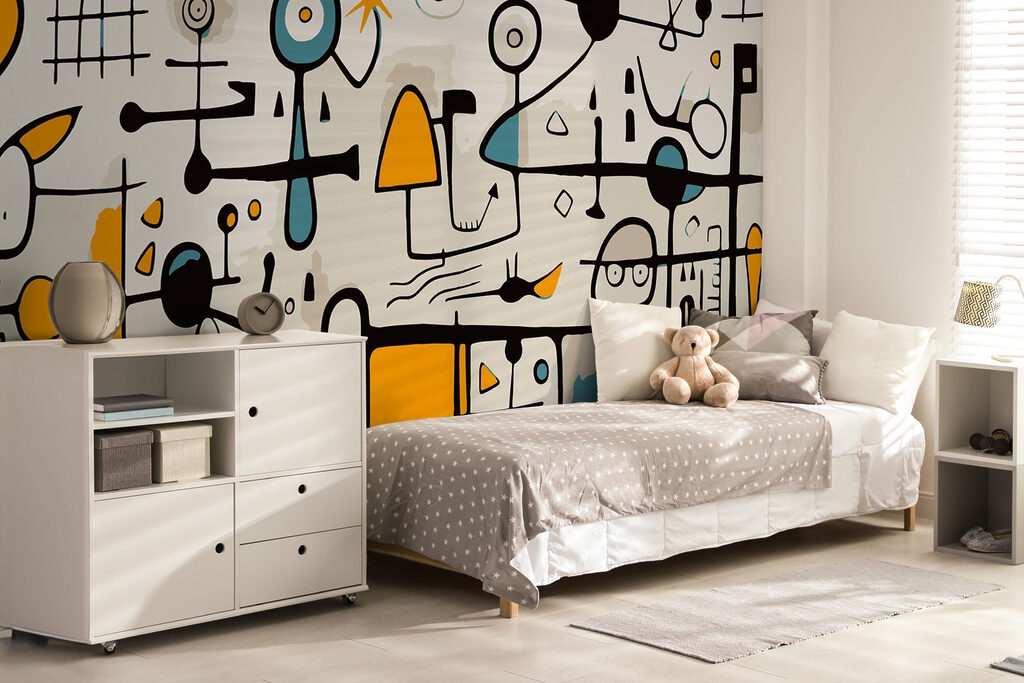 Colorful art piece with people and shapes