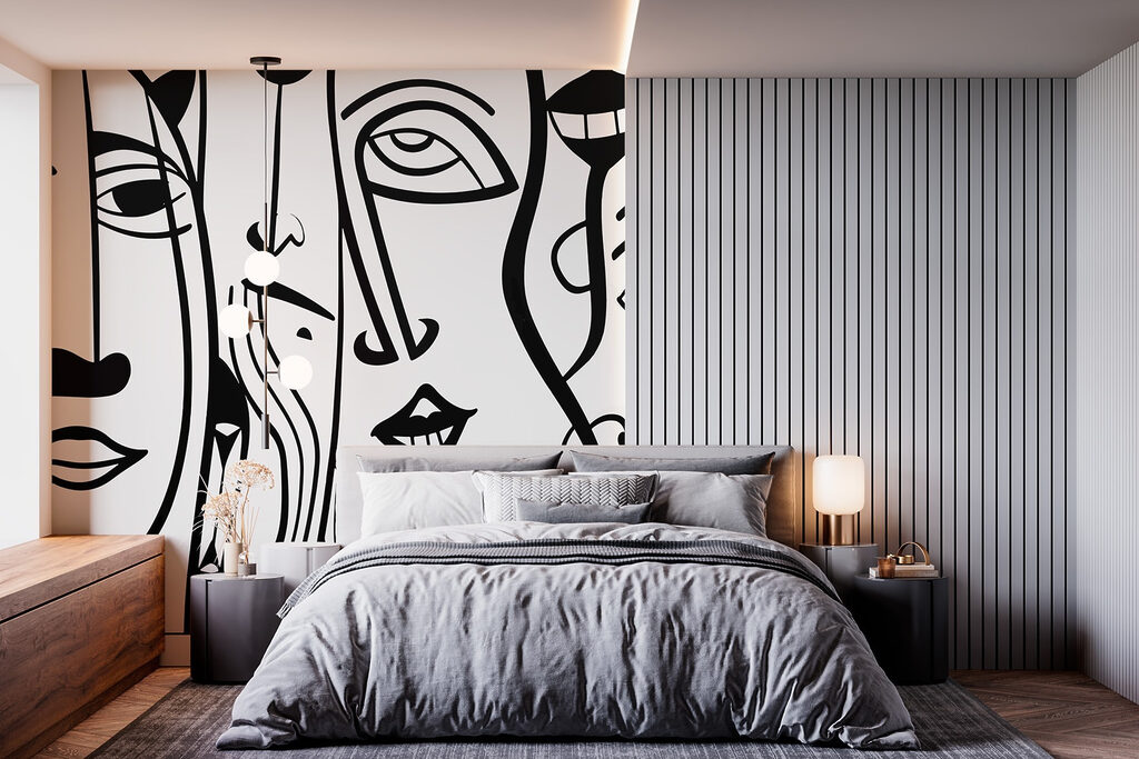 Black and white drawing of faces