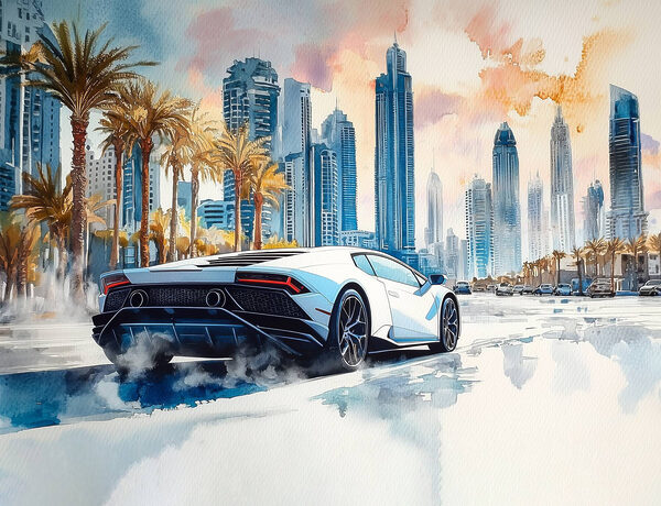 Painting of a white sports car driving on a road with palm trees w01963p 600x460 - Painting of a white sports car driving on a road with palm trees
