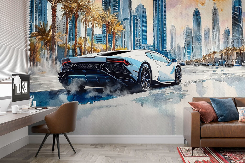 Painting of a white sports car driving on a road with palm trees w01963pig29mr 1024x683 - Painting of a white sports car driving on a road with palm trees