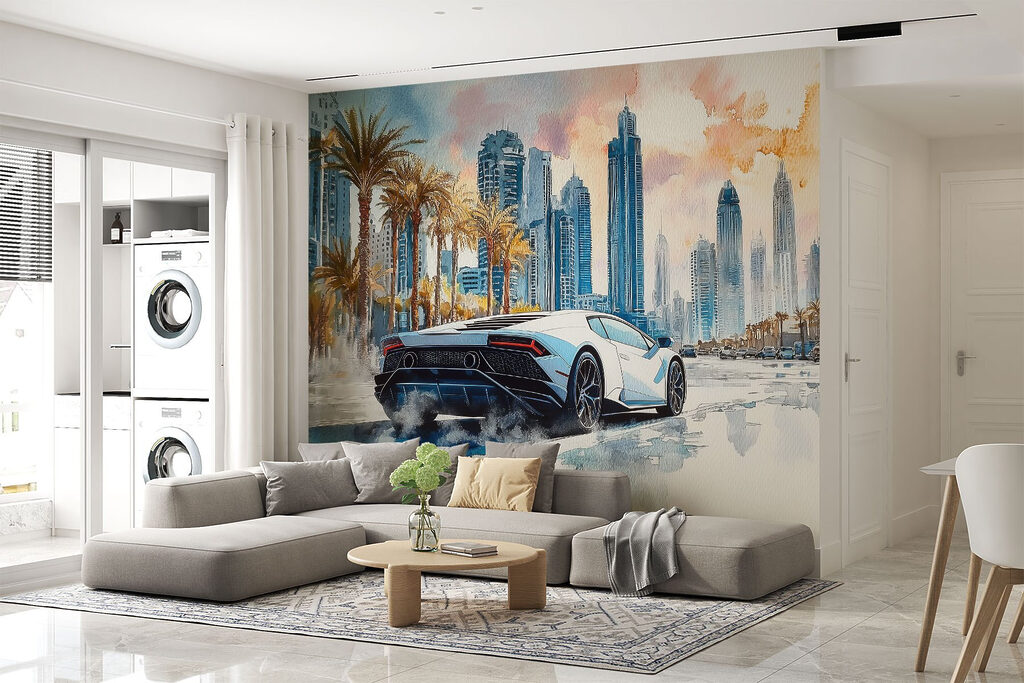 Painting of a white sports car driving on a road with palm trees w01963pig37r 1024x683 - Painting of a white sports car driving on a road with palm trees