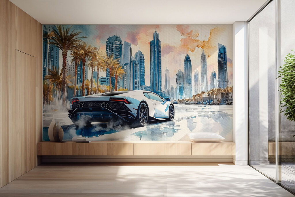 Painting of a white sports car driving on a road with palm trees w01963pig57r 1024x683 - Painting of a white sports car driving on a road with palm trees
