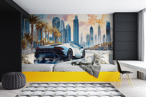 Painting of a white sports car driving on a road with palm trees w01963pir14r 600x400 - Painting of a white sports car driving on a road with palm trees