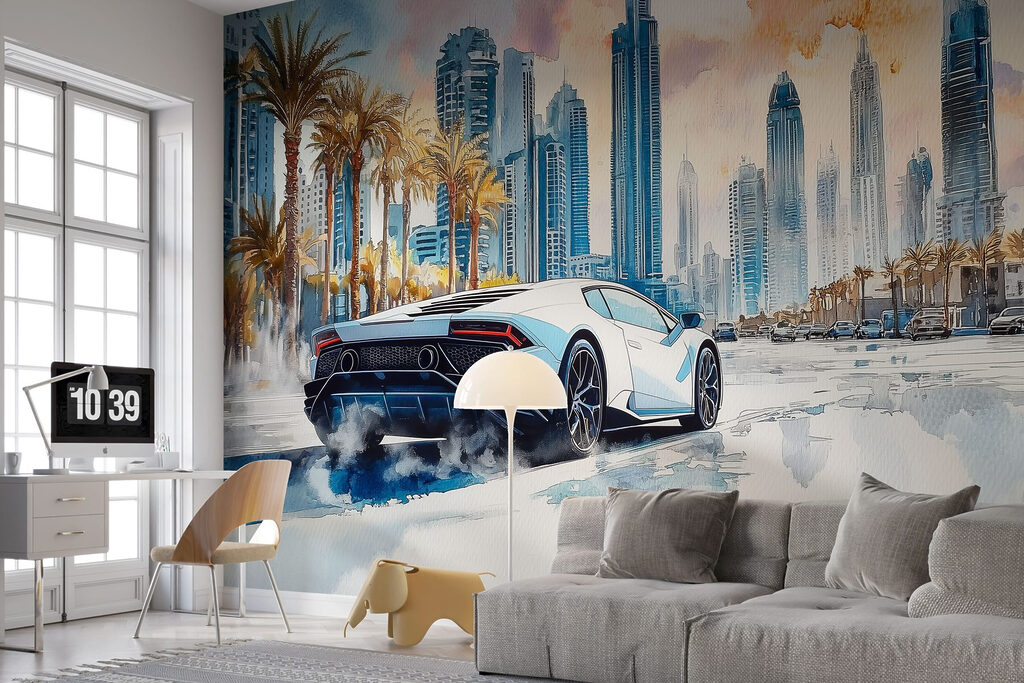 Painting of a white sports car driving on a road with palm trees w01963pir18r 1024x683 - Painting of a white sports car driving on a road with palm trees