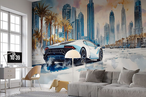Painting of a white sports car driving on a road with palm trees w01963pir18r 600x400 - Painting of a white sports car driving on a road with palm trees