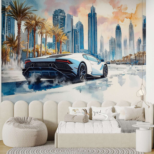 Painting of a white sports car driving on a road with palm trees w01963pir3ms 600x600 - Painting of a white sports car driving on a road with palm trees