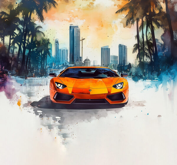 Orange sports car in the snow Orange sports car in the snow