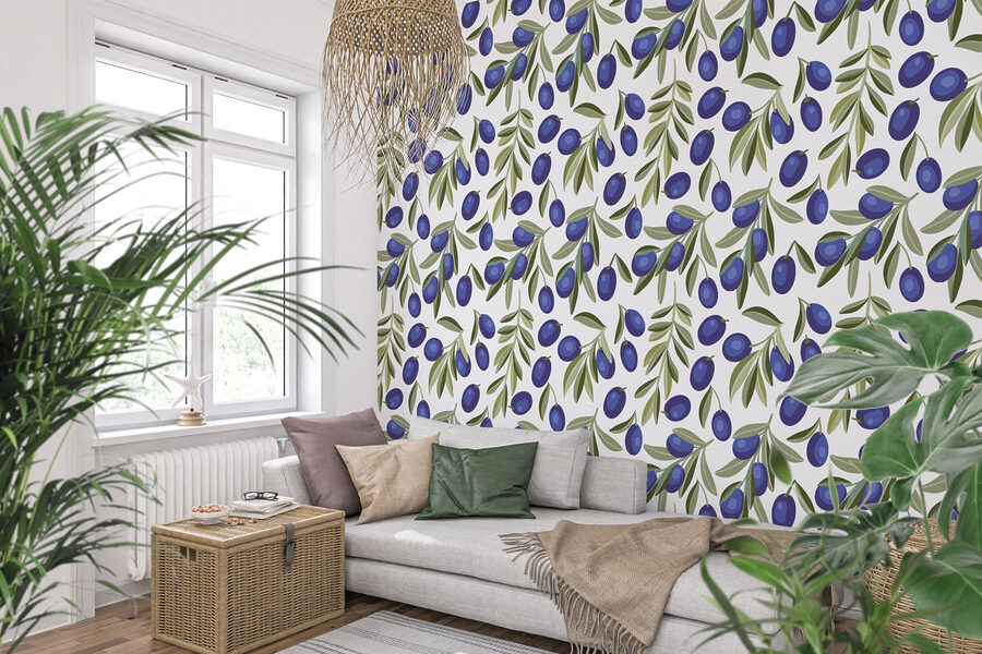 Pattern of blue berries and leaves