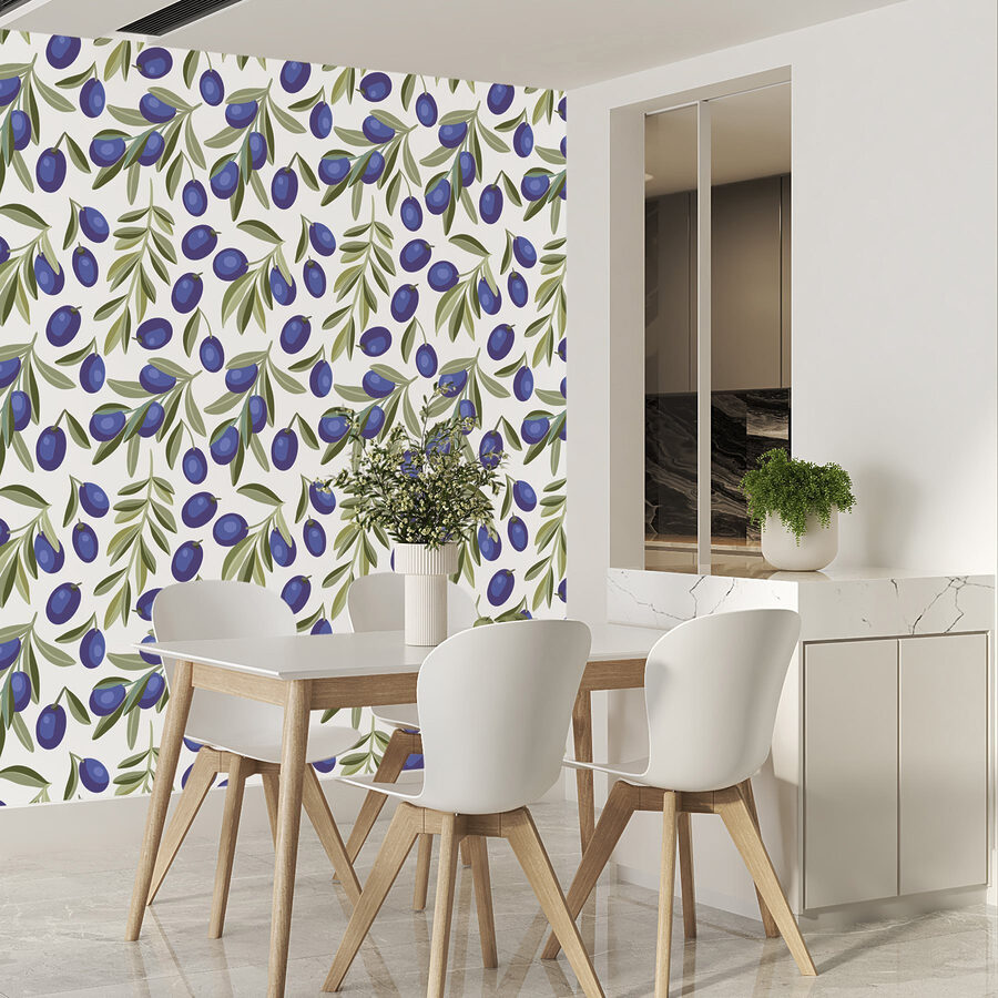 Pattern of blue berries and leaves