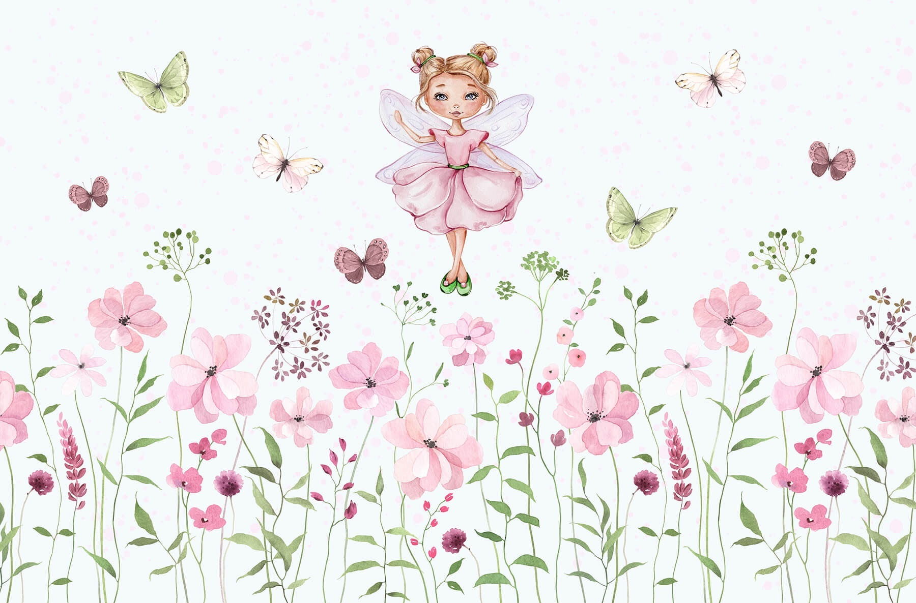 Watercolor of a fairy in a pink dress surrounded by flowers