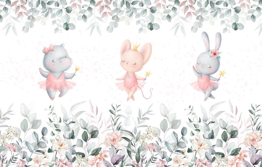 Group of animals in pink tutu skirts and flowers