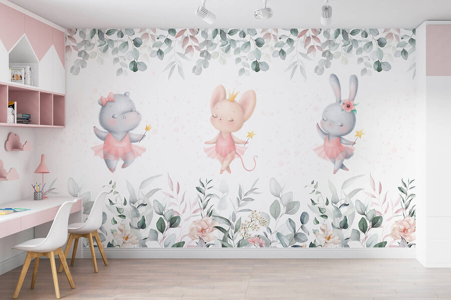 Group of animals in pink tutu skirts and flowers