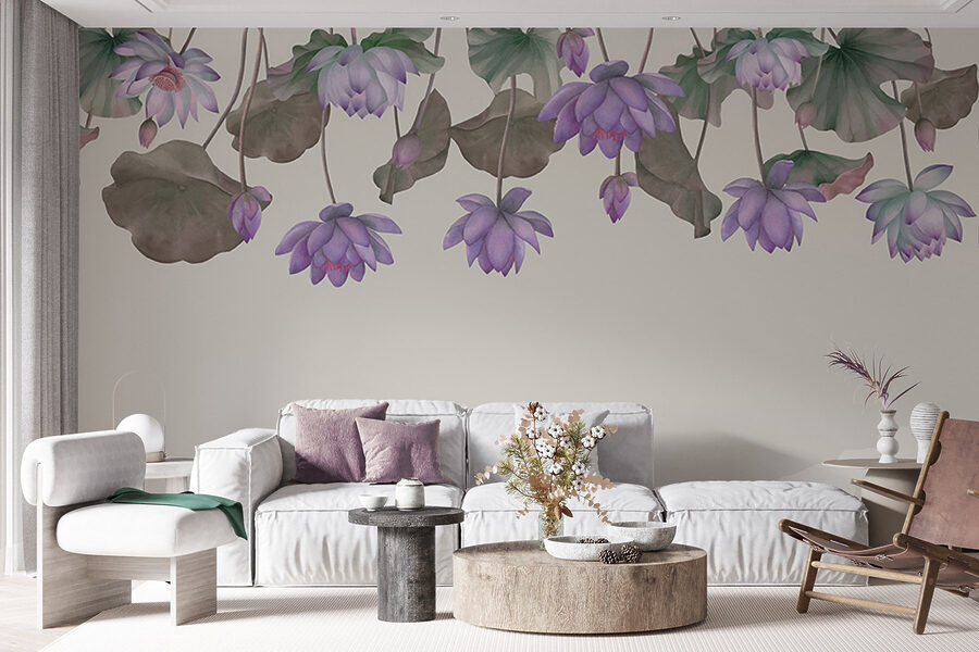 Wall murals Row of purple flowers and green leaves