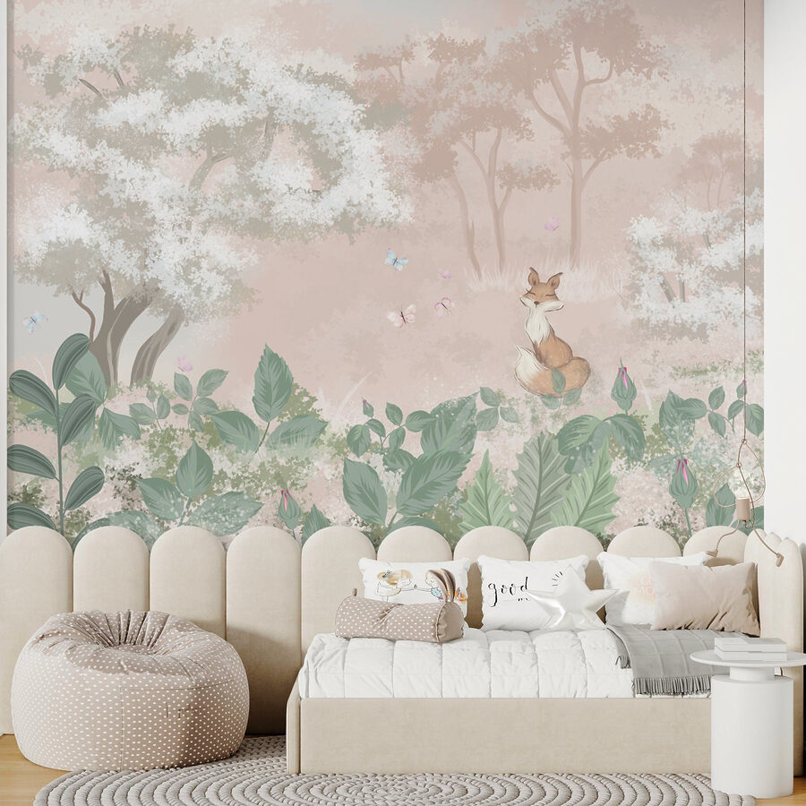 Wall murals Fox and butterflies in a forest