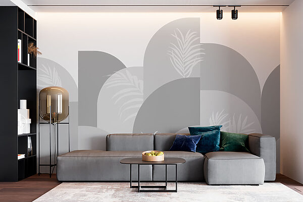 Grey and white background with white leaves Grey and white background with white leaves