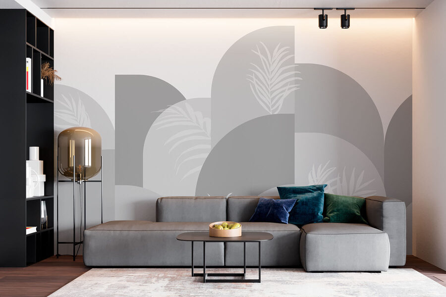 Grey and white background with white leaves