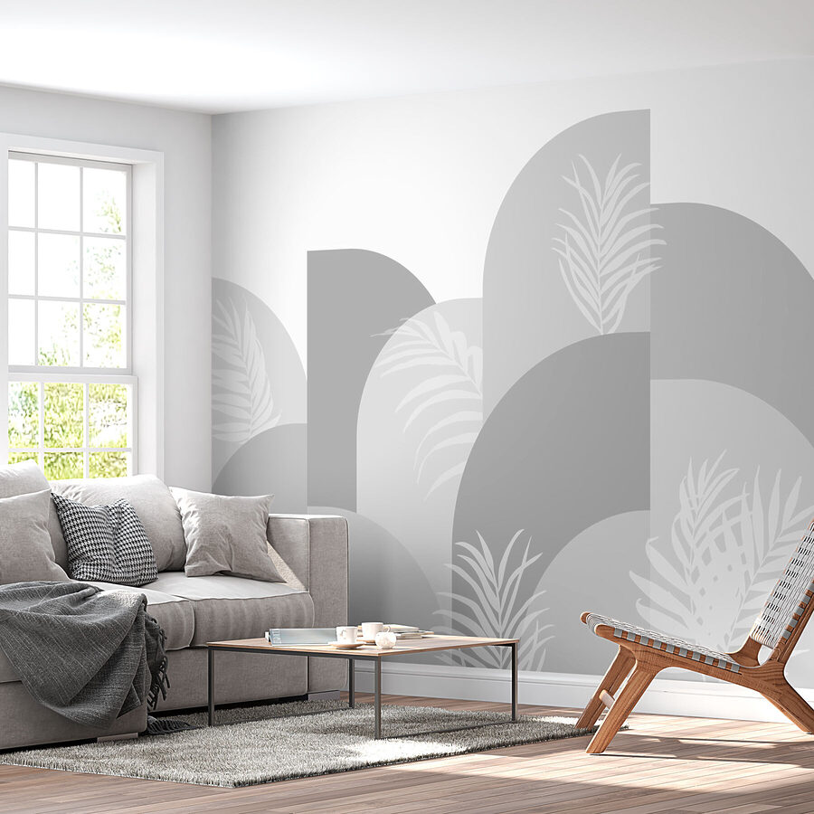 Grey and white background with white leaves