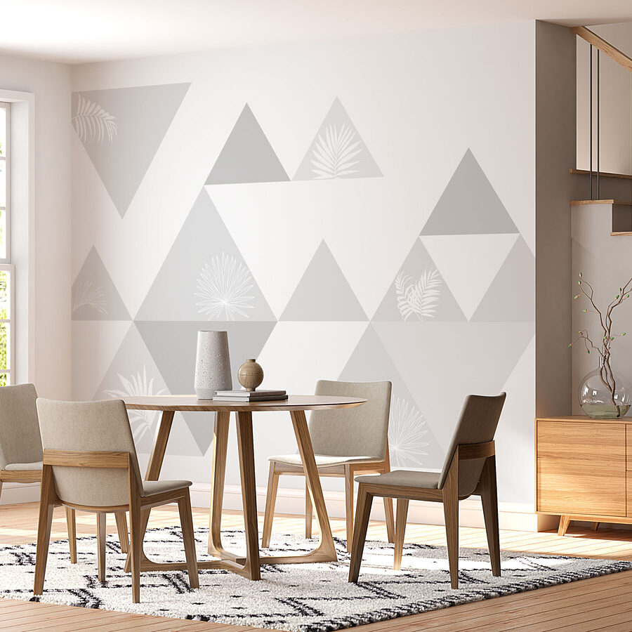 White and grey triangles with a pattern of leaves