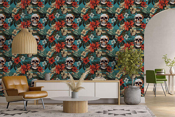 Wall murals Pattern of flowers and skulls (SKU: w02122) Wall murals Wall murals Pattern of flowers and skulls (SKU: w02122)