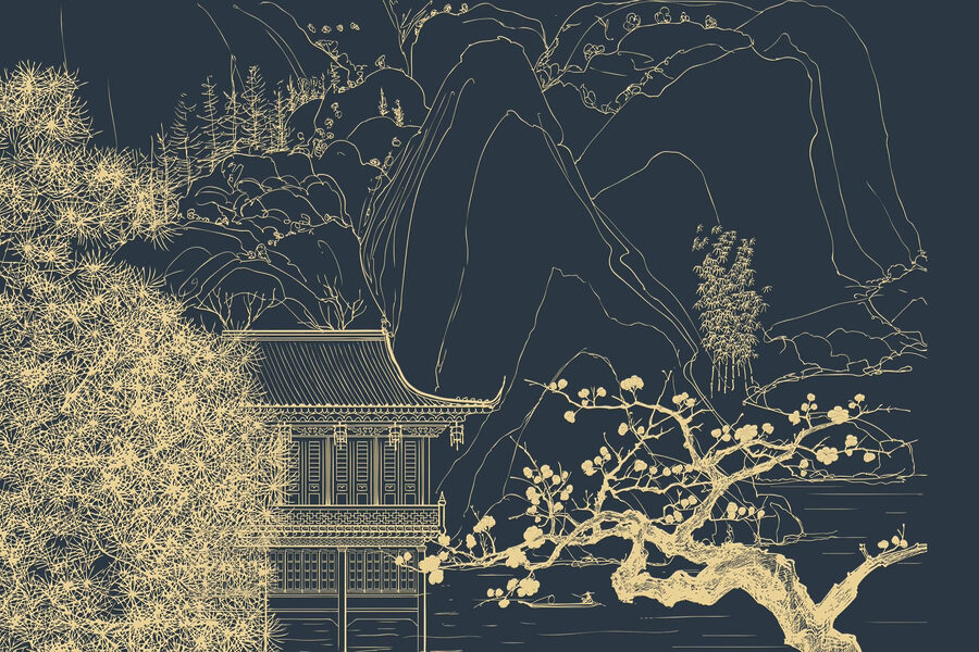 Wall murals Drawing of a building and mountains - Image 4