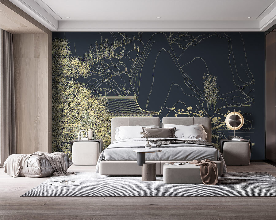 Wall murals Drawing of a building and mountains