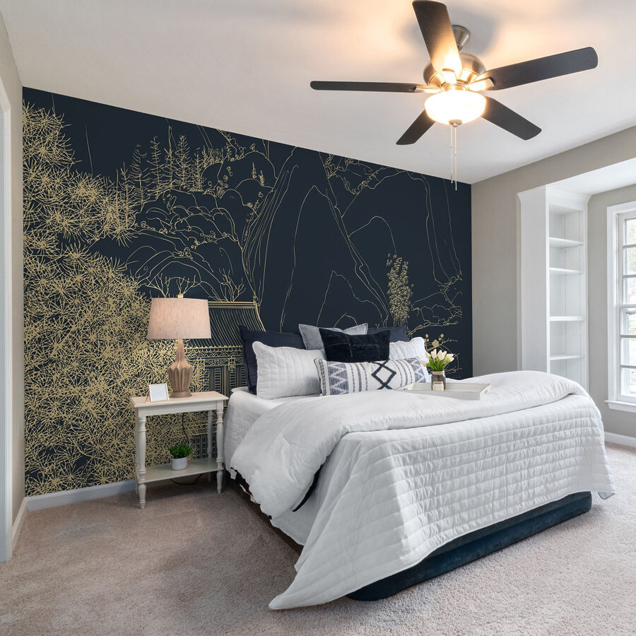 Wall murals Drawing of a building and mountains - Image 2