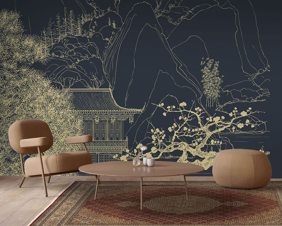 Wall murals Drawing of a building and mountains - Image 3