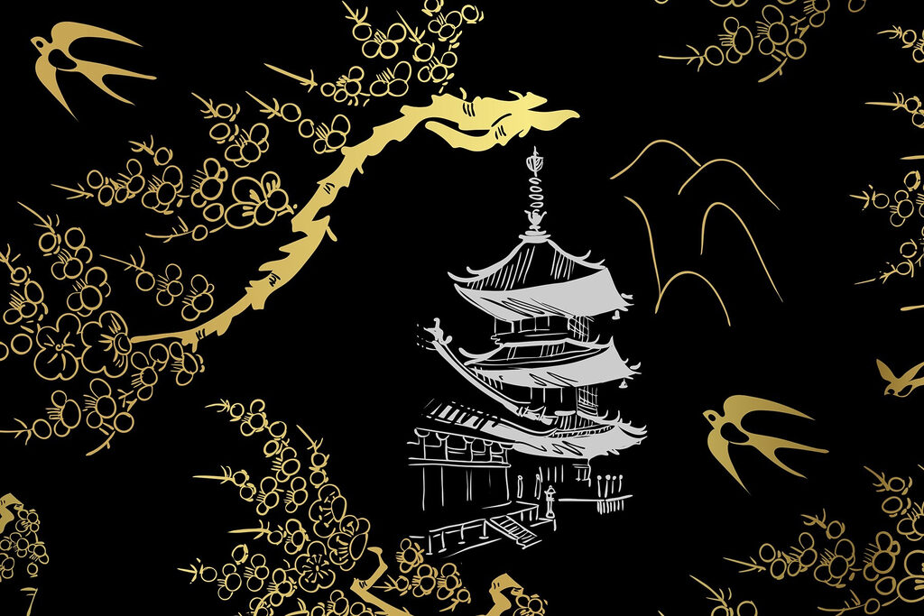 Serene temple among delicate blossoms Serene temple among delicate blossoms