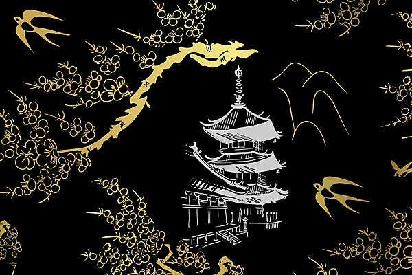 Serene temple among delicate blossoms Serene temple among delicate blossoms