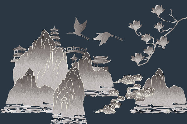 Painting of mountains and cranes Painting of mountains and cranes