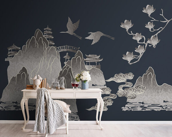 Painting of mountains and cranes Painting of mountains and cranes