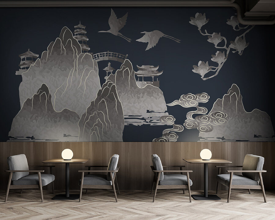 Painting of mountains and cranes Painting of mountains and cranes