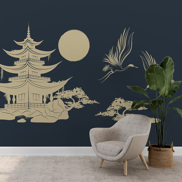 Drawing of a pagoda and cranes Drawing of a pagoda and cranes