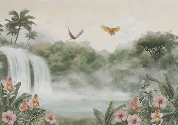 Waterfall with birds flying over it Waterfall with birds flying over it