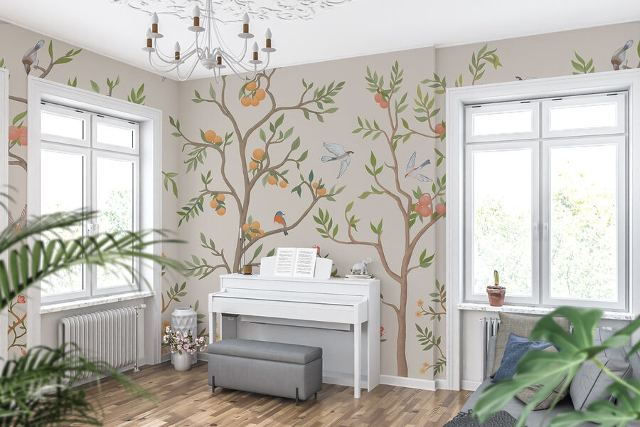 Wallpaper with birds and trees