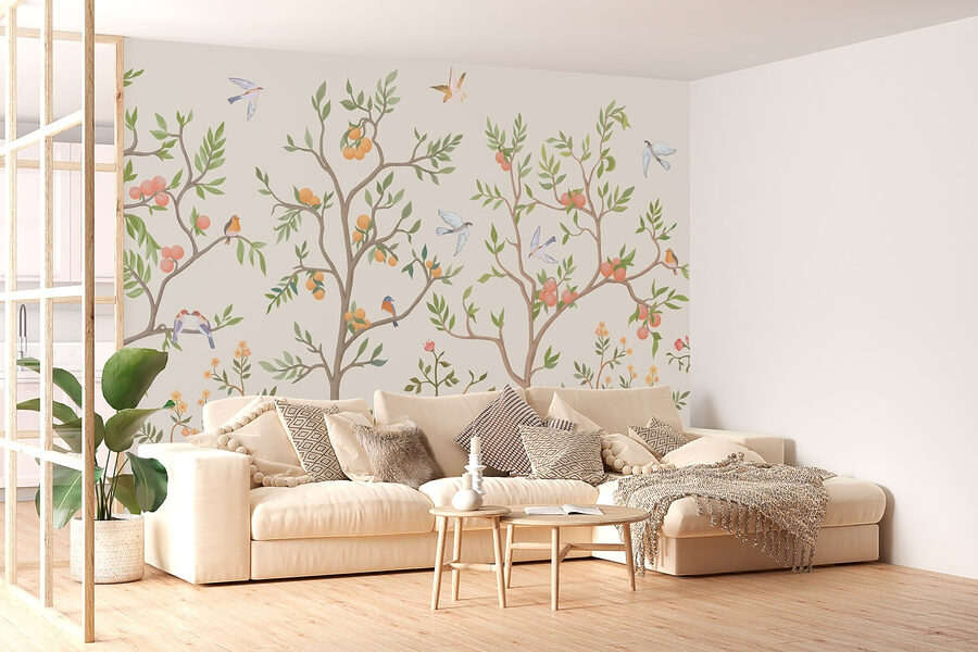 Wallpaper with birds and trees