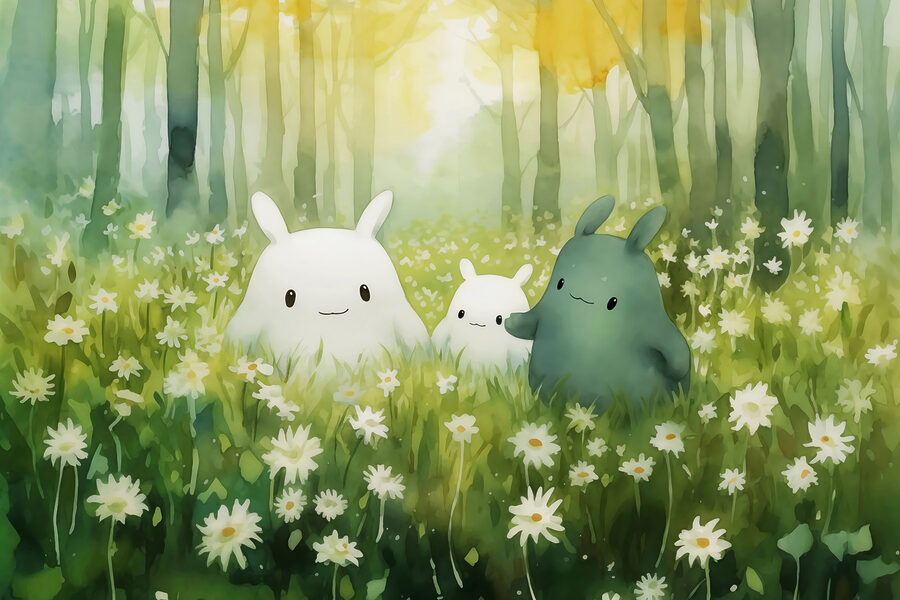 Group of cartoon characters in a field of flowers