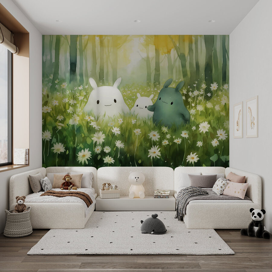 Group of cartoon characters in a field of flowers