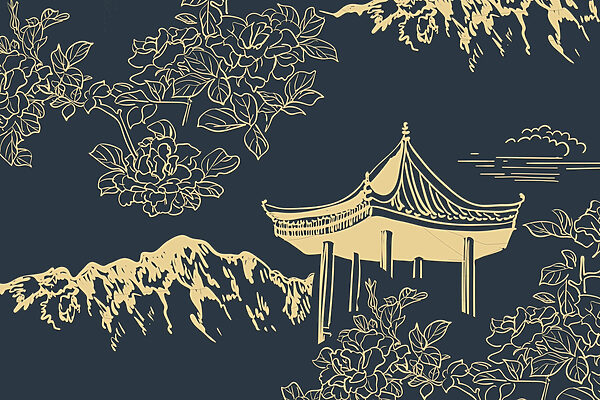 Pagoda and mountains with flowers Pagoda and mountains with flowers