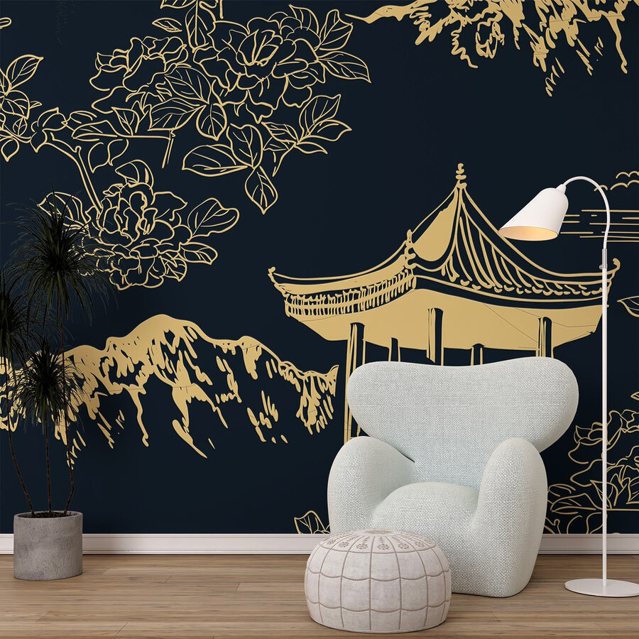 Pagoda and mountains with flowers