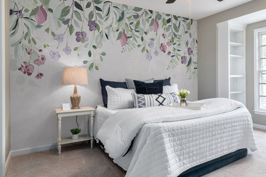Wall murals Floral border with purple flowers and leaves