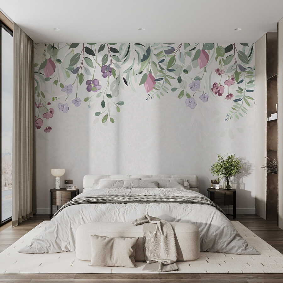 Wall murals Floral border with purple flowers and leaves - Image 2