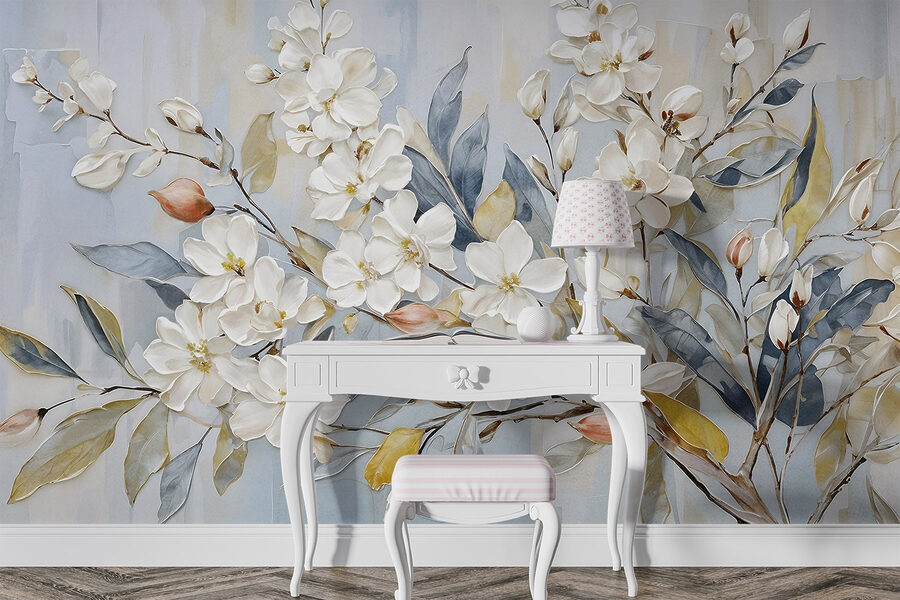 Painting of white flowers and leaves