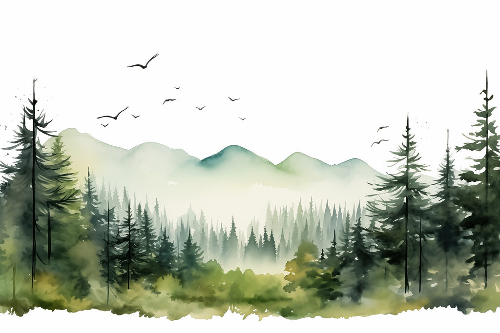 Watercolor of a forest and mountains