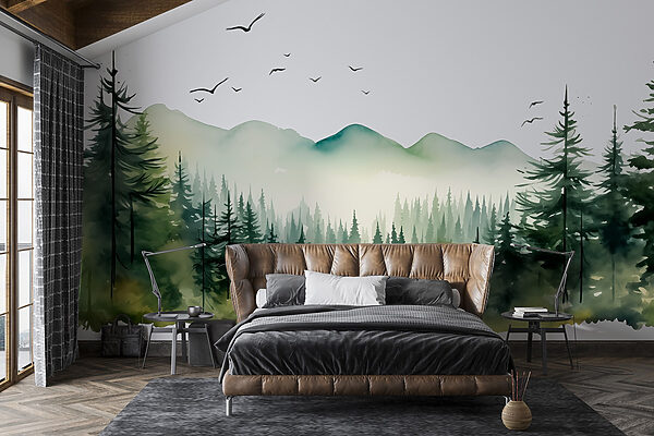 Watercolor of a forest and mountains Wall murals Watercolor of a forest and mountains