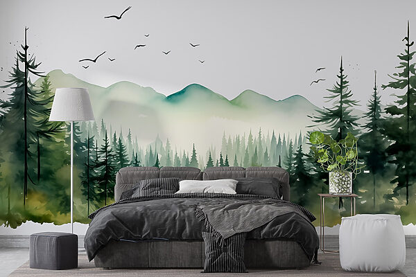 Watercolor of a forest and mountains